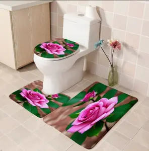 Custom Printed 3-Piece Anti-Slip Bathroom Rug Set Flower Design Polyester Shower Curtain and Toilet Mat for Washroom Decoration