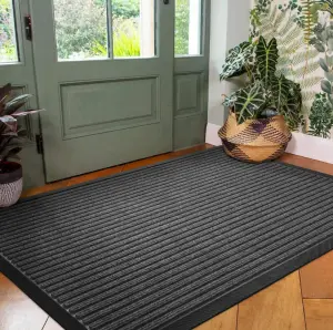 Stripe Grey Easy Clean Patio Entryway Floor Mat Low Profile Non Slip Front Door Mats